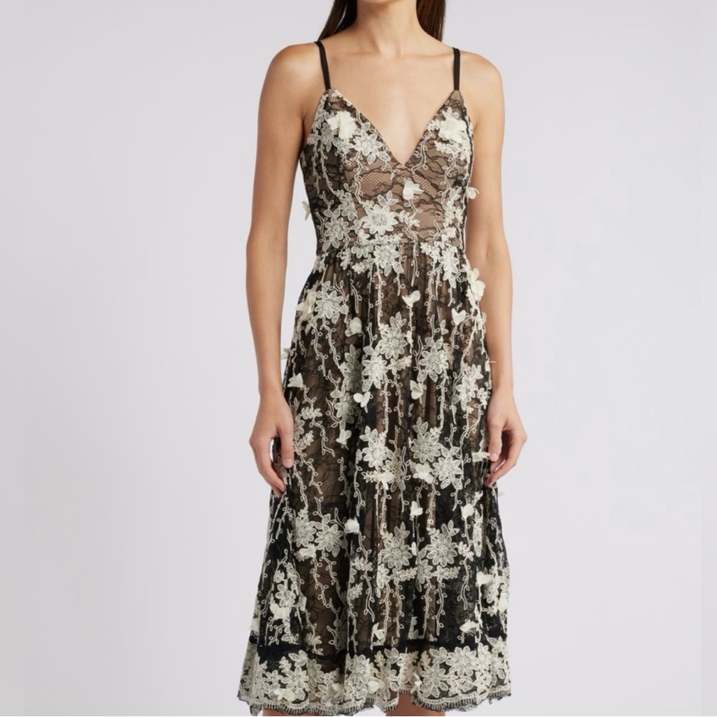 Dress The Population Tahani Embroidered Lace Cocktail Midi Dress